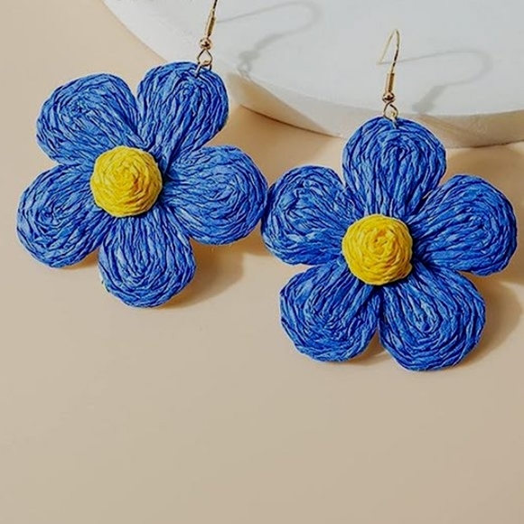 3" Blue Raffia Flowers Oversized Statement Earrings Big Bold Wicker Flowers New - Picture 2 of 3